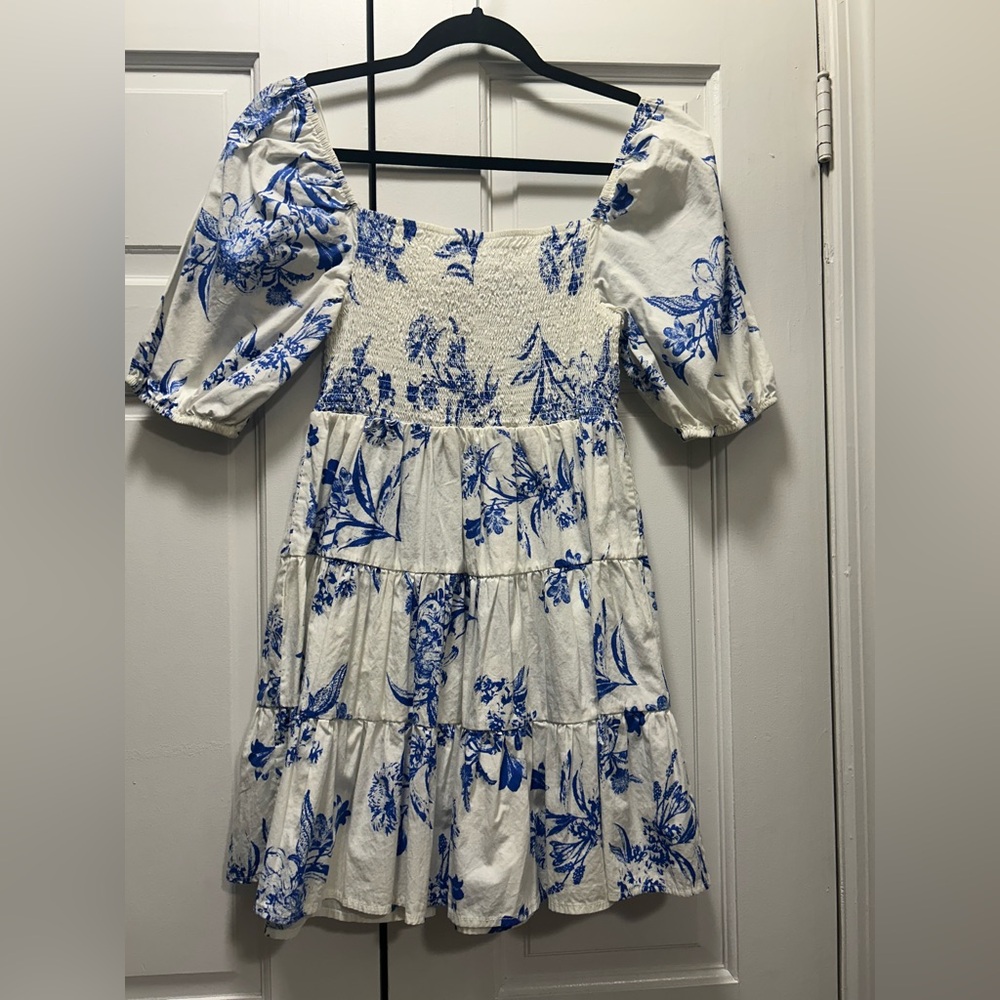 Flying Tomato White and Blue Floral Smocked Tiered Dress